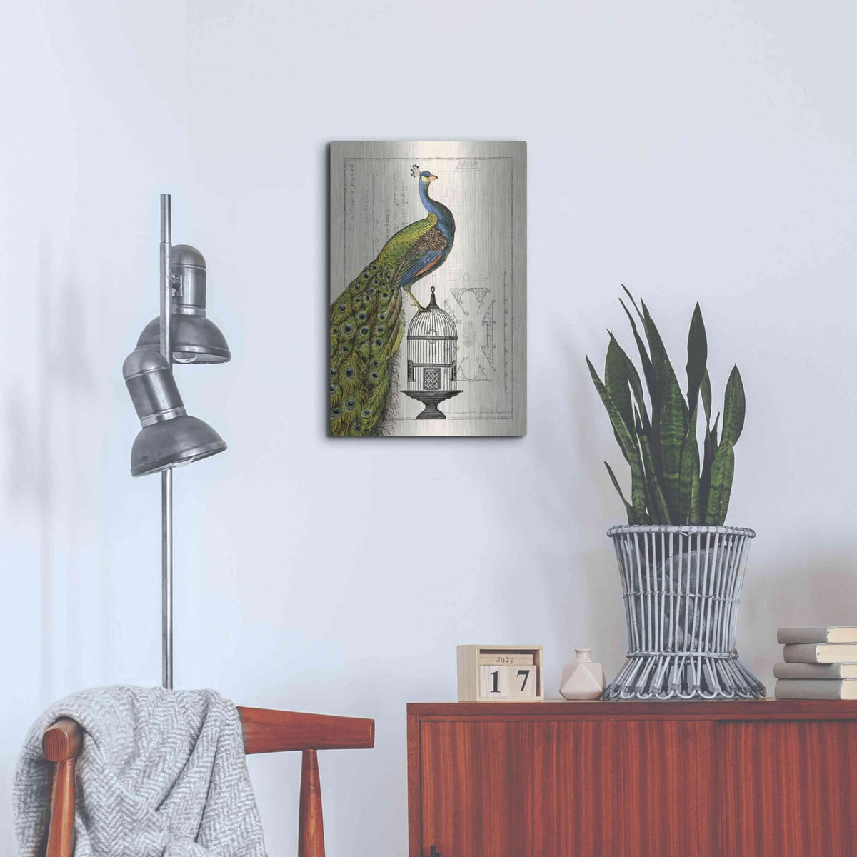 'Peacock Birdcage I' by Sue Schlabach – Metal Wall Art, 16x24 room view