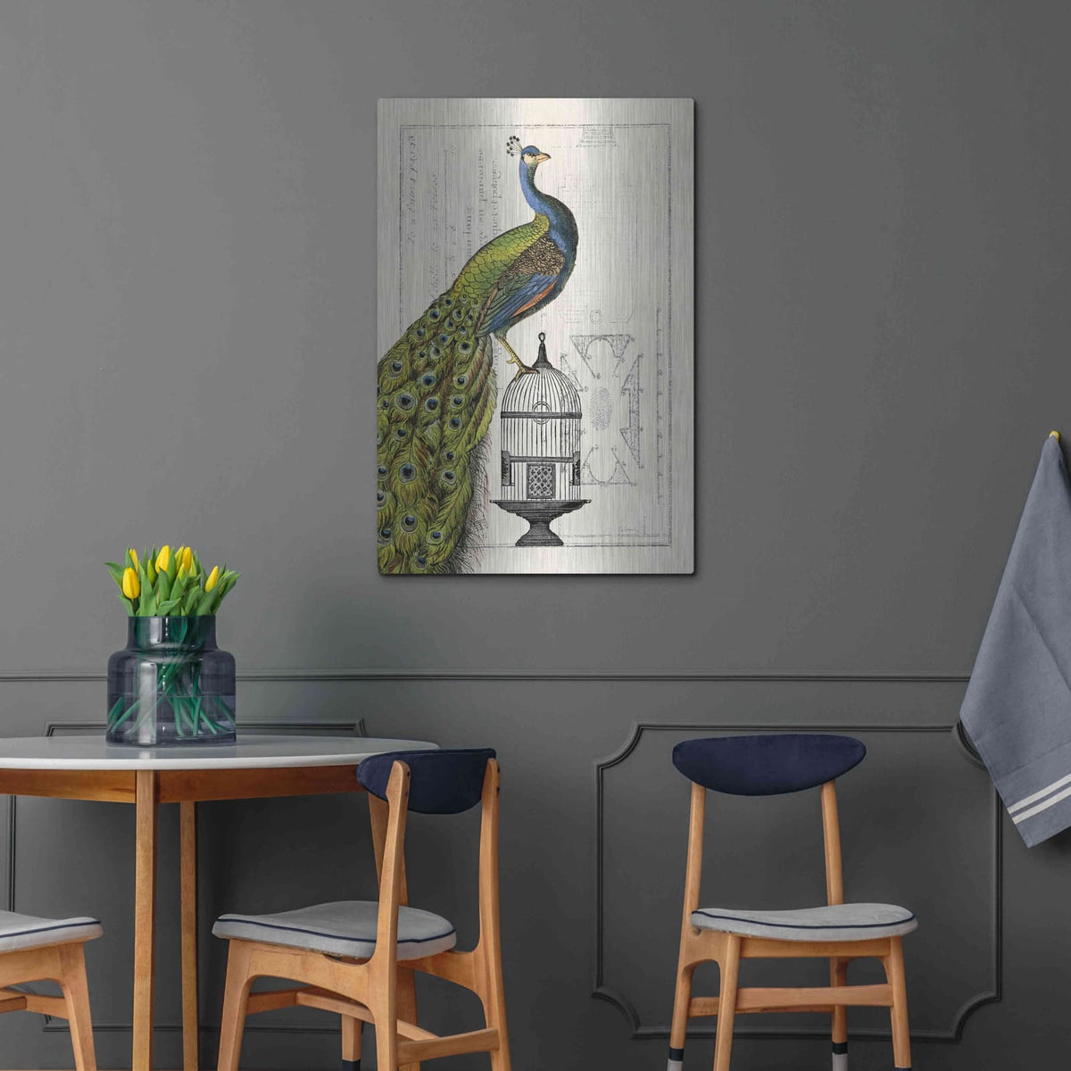 'Peacock Birdcage I' by Sue Schlabach – Metal Wall Art, 24x36 room view