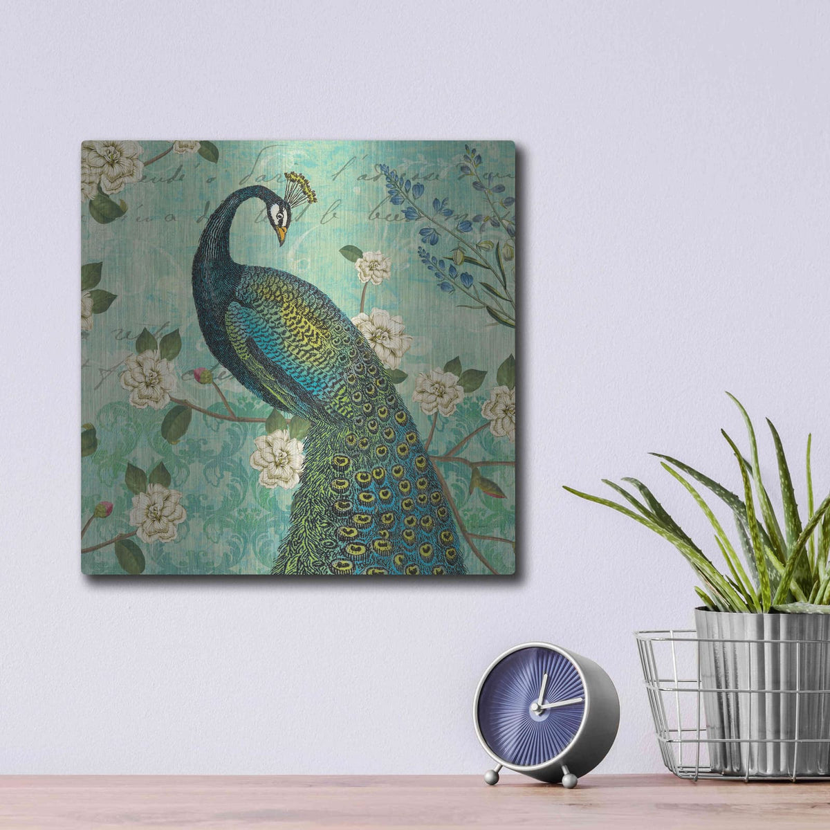 'Peacock Arbor VI Blue' by Sue Schlabach – Metal Wall Art, 12x12 room view