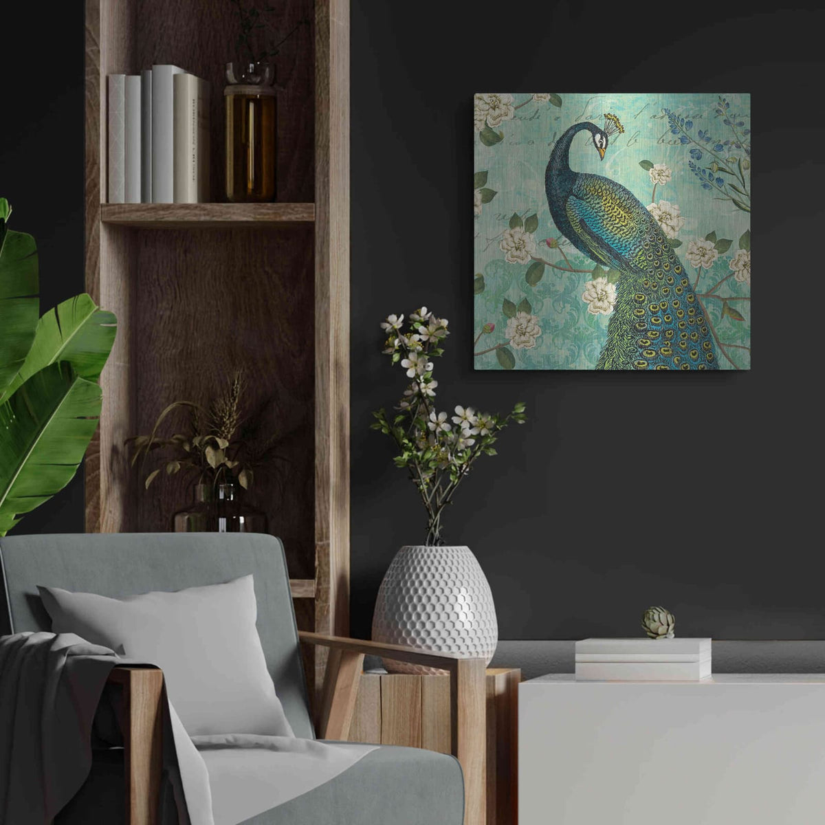 'Peacock Arbor VI Blue' by Sue Schlabach – Metal Wall Art, 24x24 room view