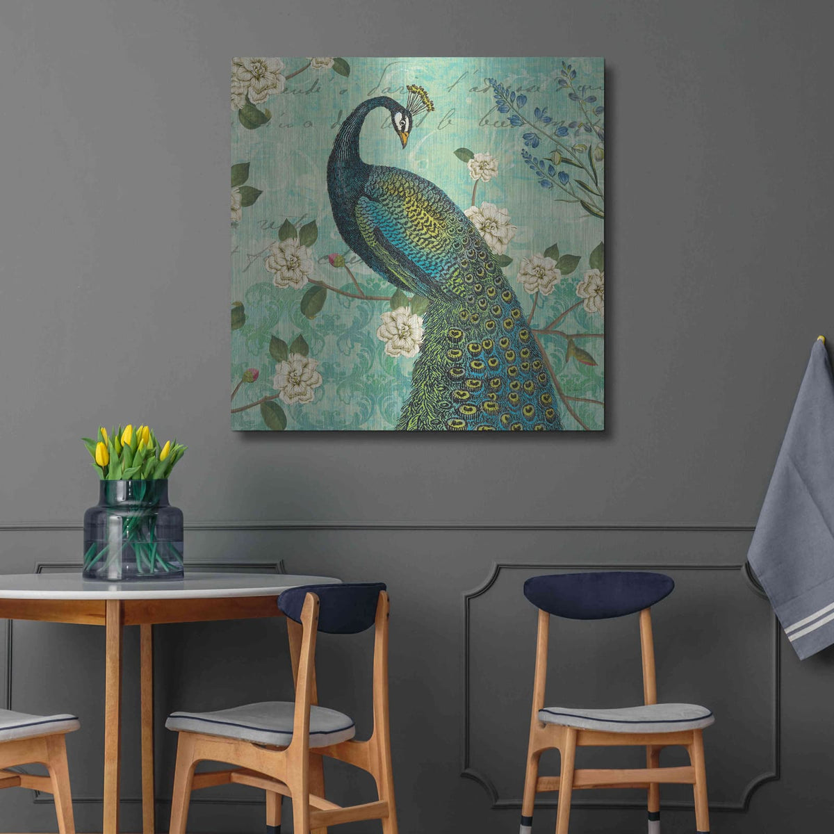 'Peacock Arbor VI Blue' by Sue Schlabach – Metal Wall Art, 36x36 room view