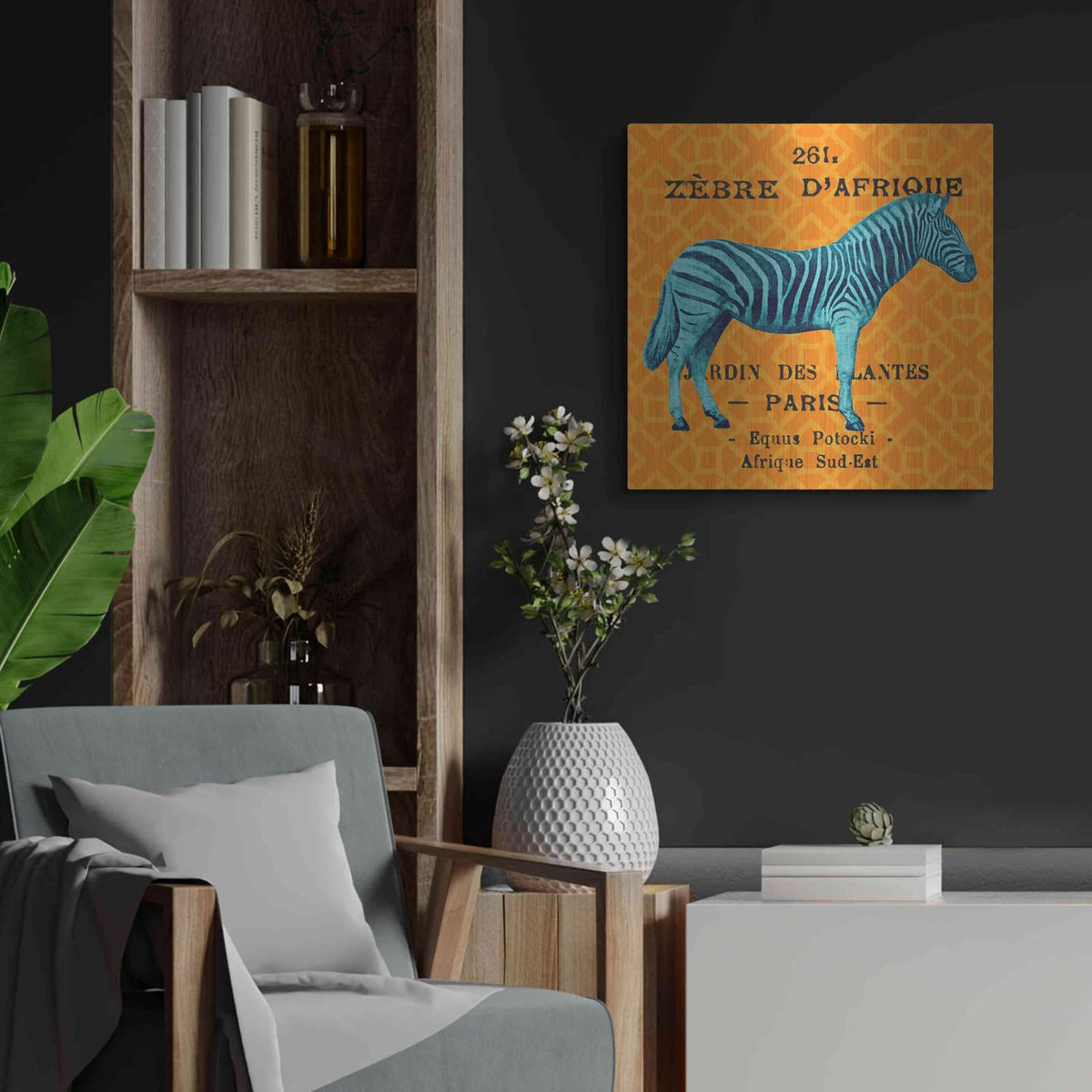 'Bright Safari Zebra' by Sue Schlabach – Metal Wall Art, 24x24 room view