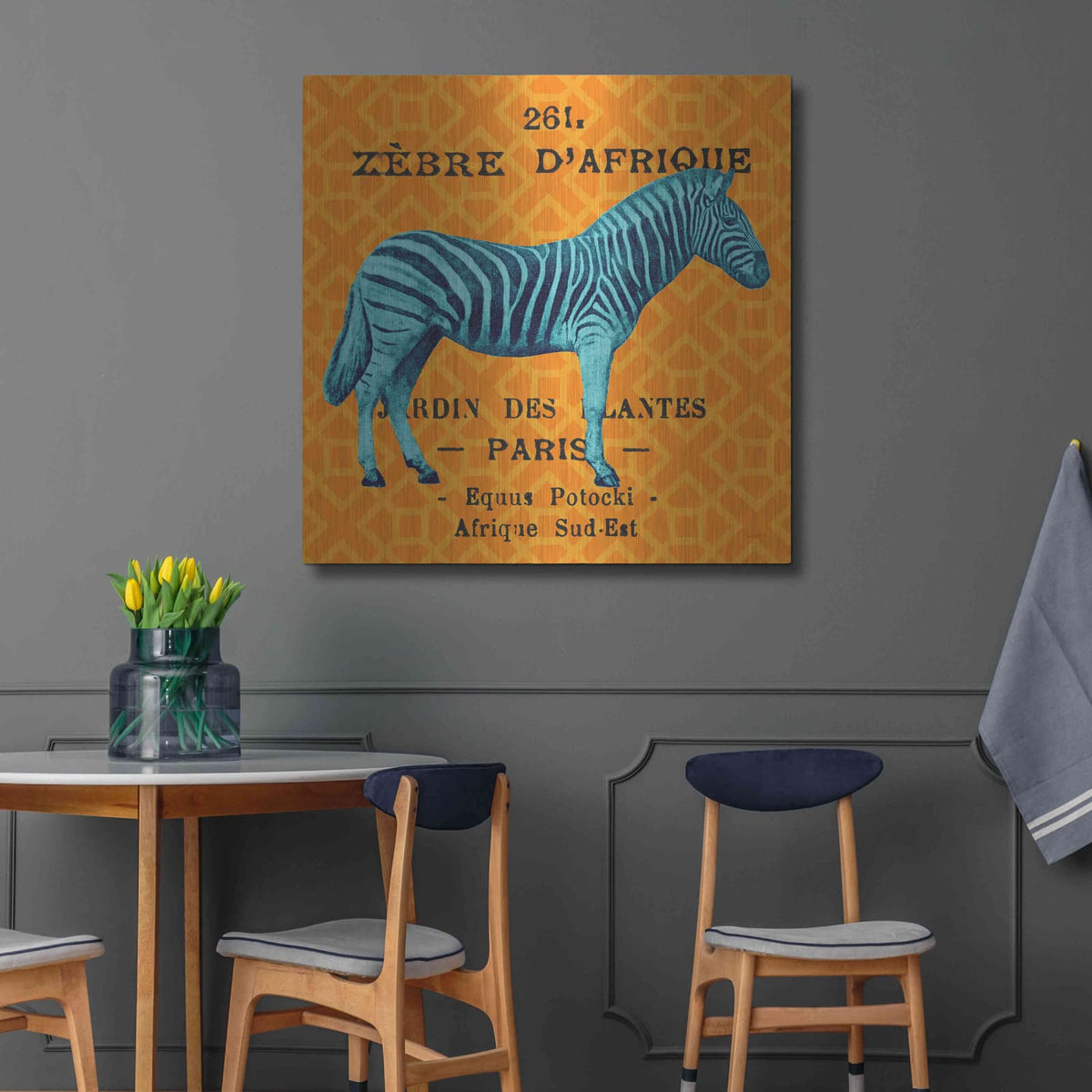 'Bright Safari Zebra' by Sue Schlabach – Metal Wall Art, 36x36 room view
