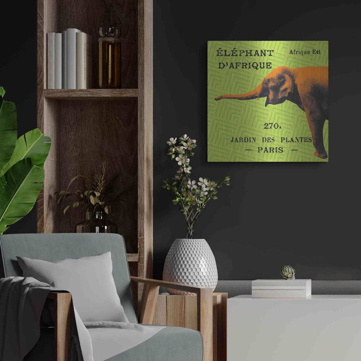 'Bright Safari Elephant' by Sue Schlabach – Metal Wall Art, 24x24 room view