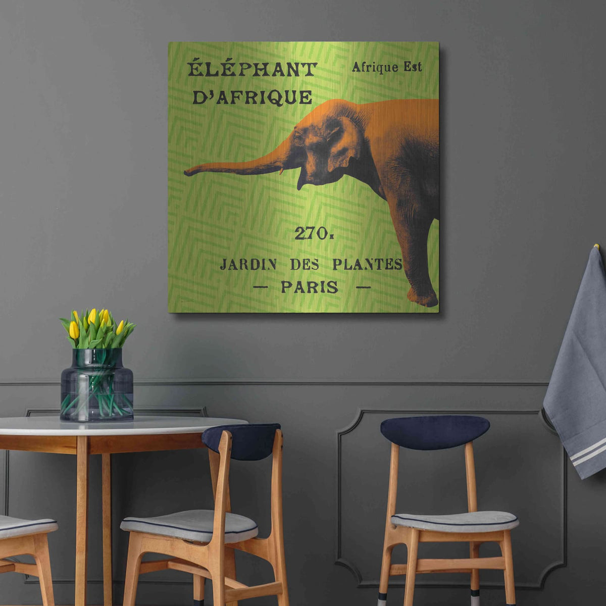 'Bright Safari Elephant' by Sue Schlabach – Metal Wall Art, 36x36 room view