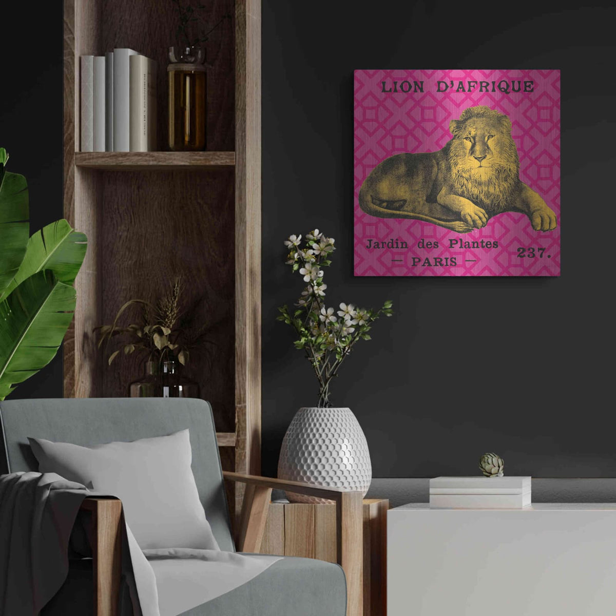 'Bright Safari Lion' by Sue Schlabach – Metal Wall Art, 24x24 room view