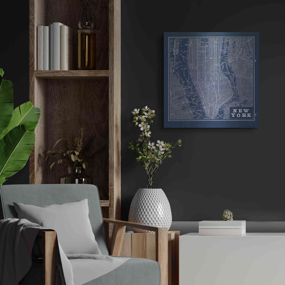 'Blueprint Map New York Square' by Sue Schlabach – Metal Wall Art, 24x24 room view