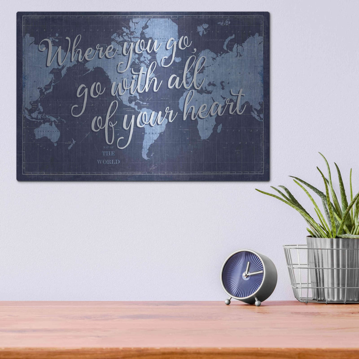 'Blueprint World Map Heart' by Sue Schlabach – Metal Wall Art, 16x12 room view