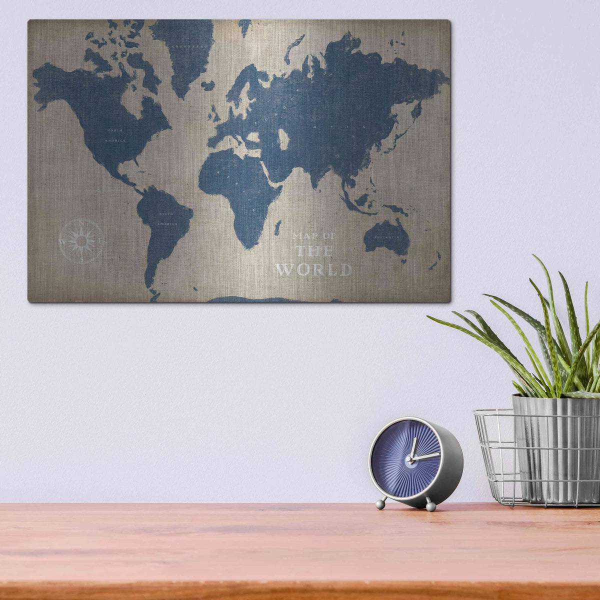 'Burlap World Map I Navy' by Sue Schlabach – Metal Wall Art, 16x12 room view