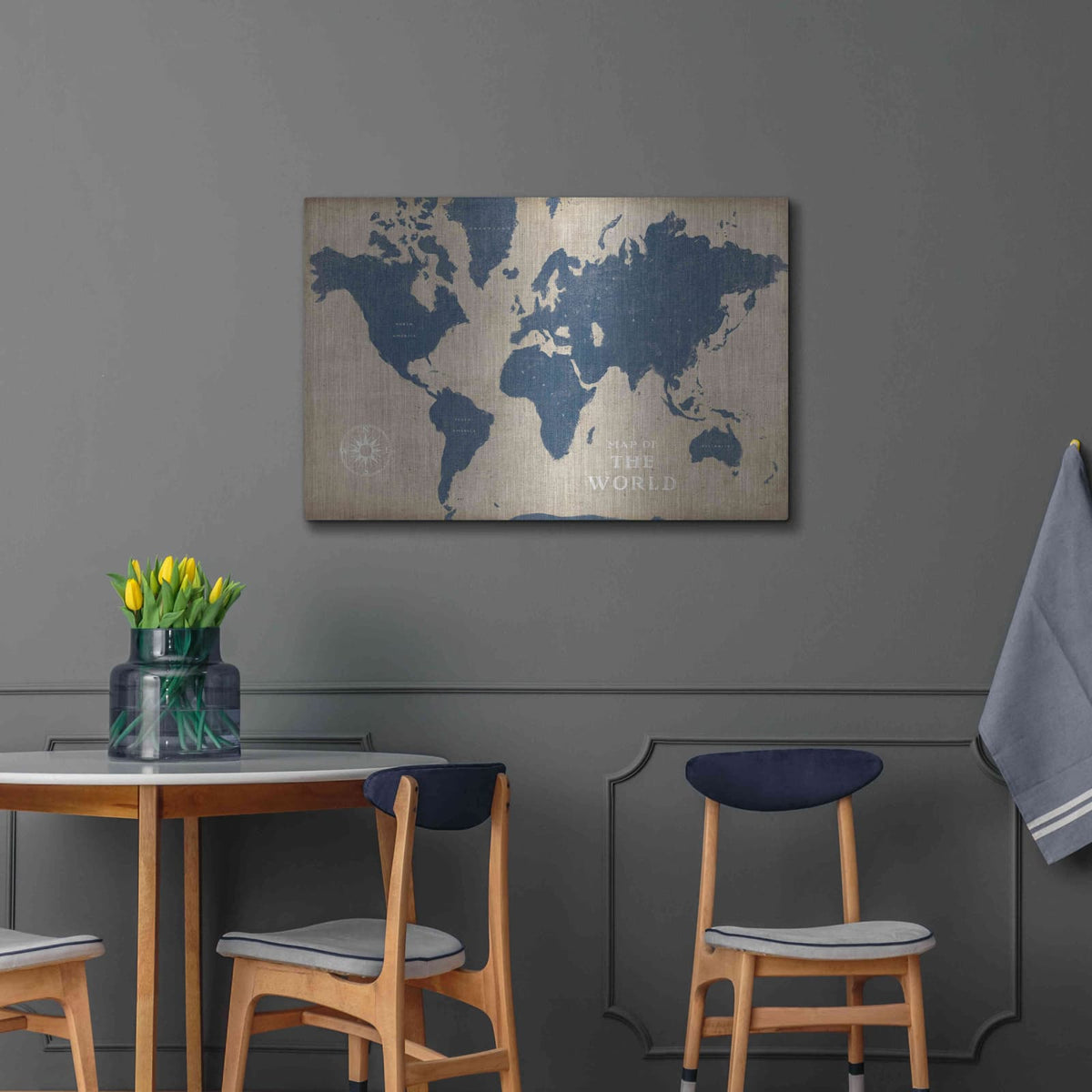'Burlap World Map I Navy' by Sue Schlabach – Metal Wall Art, 36x24 room view