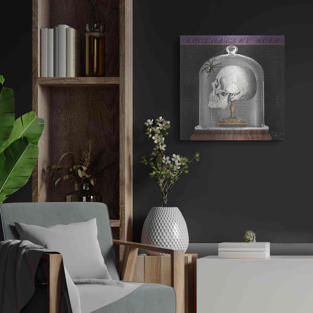 'Apothecary Noir II' by Sue Schlabach – Metal Wall Art, 24x24 room view