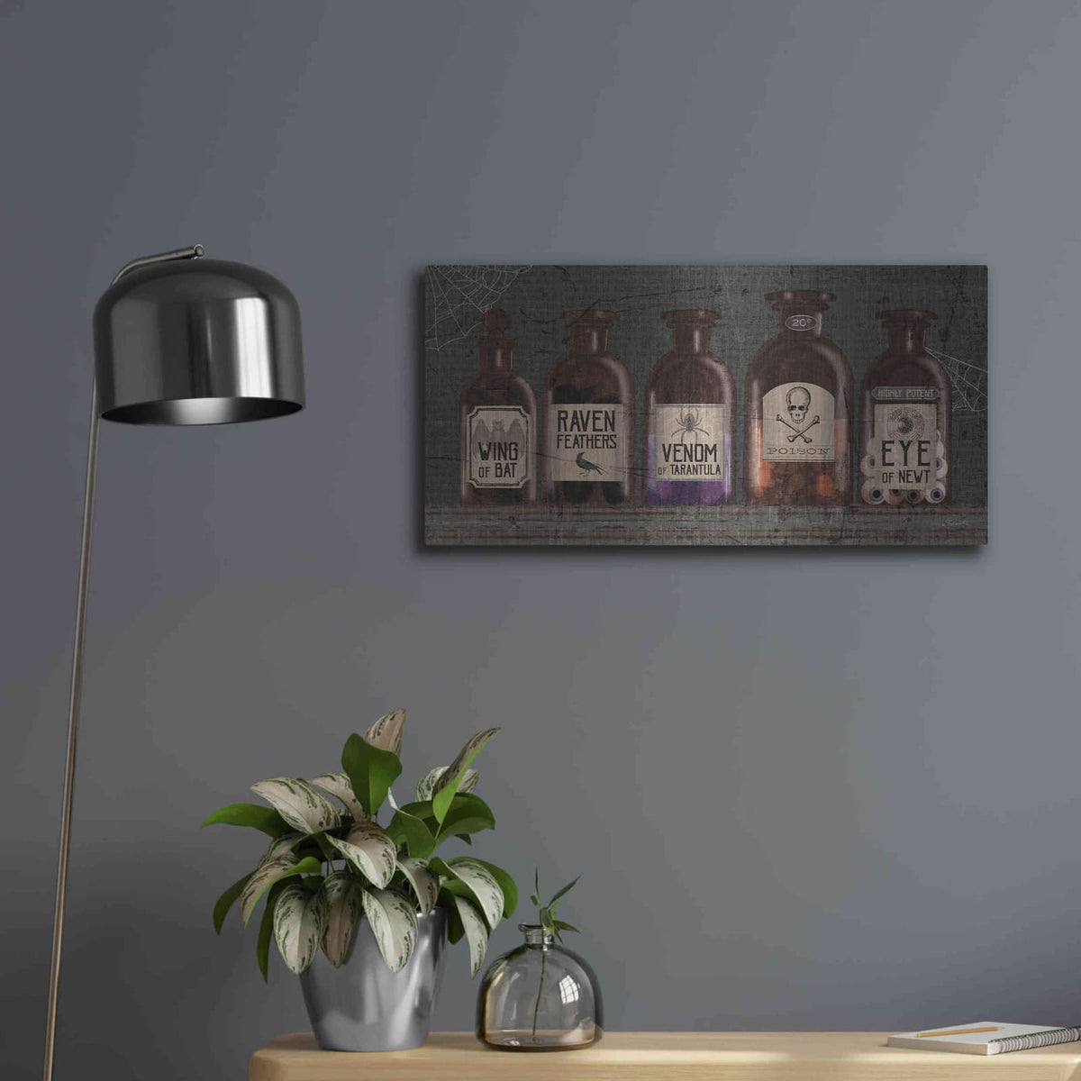 'Apothecary Noir VI' by Sue Schlabach – Metal Wall Art, 24x12 room view