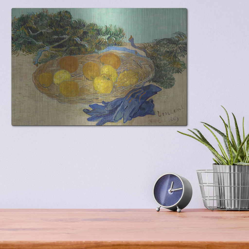 'Still Life Of Oranges And Lemons With Blue Gloves' by Vincent Van Gogh – Metal Wall Art, 16x12 room view