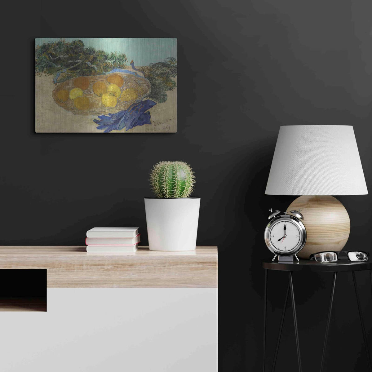 'Still Life Of Oranges And Lemons With Blue Gloves' by Vincent Van Gogh – Metal Wall Art, 24x16 room view