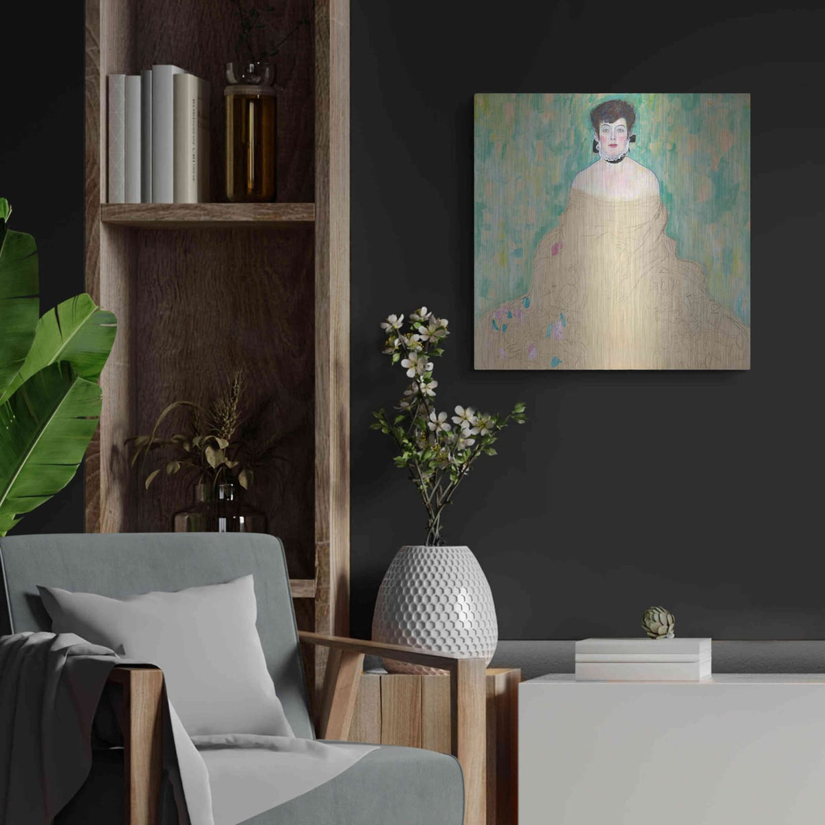 'Amalie Zuckerkandl' by Gustav Klimt – Metal Wall Art, 24x24 room view