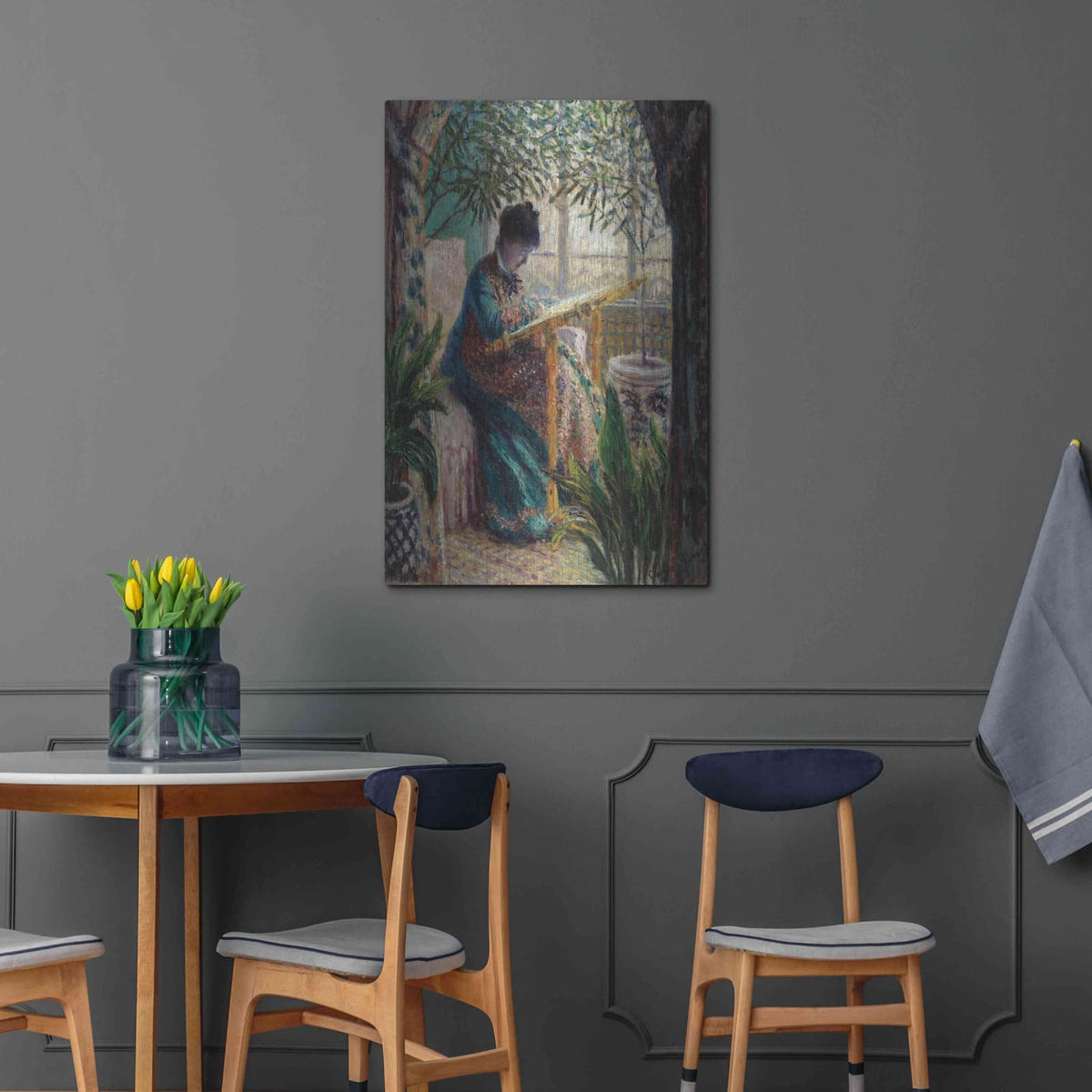 'Madame Monet Embroidering' by Claude Monet – Metal Wall Art, 24x36 room view