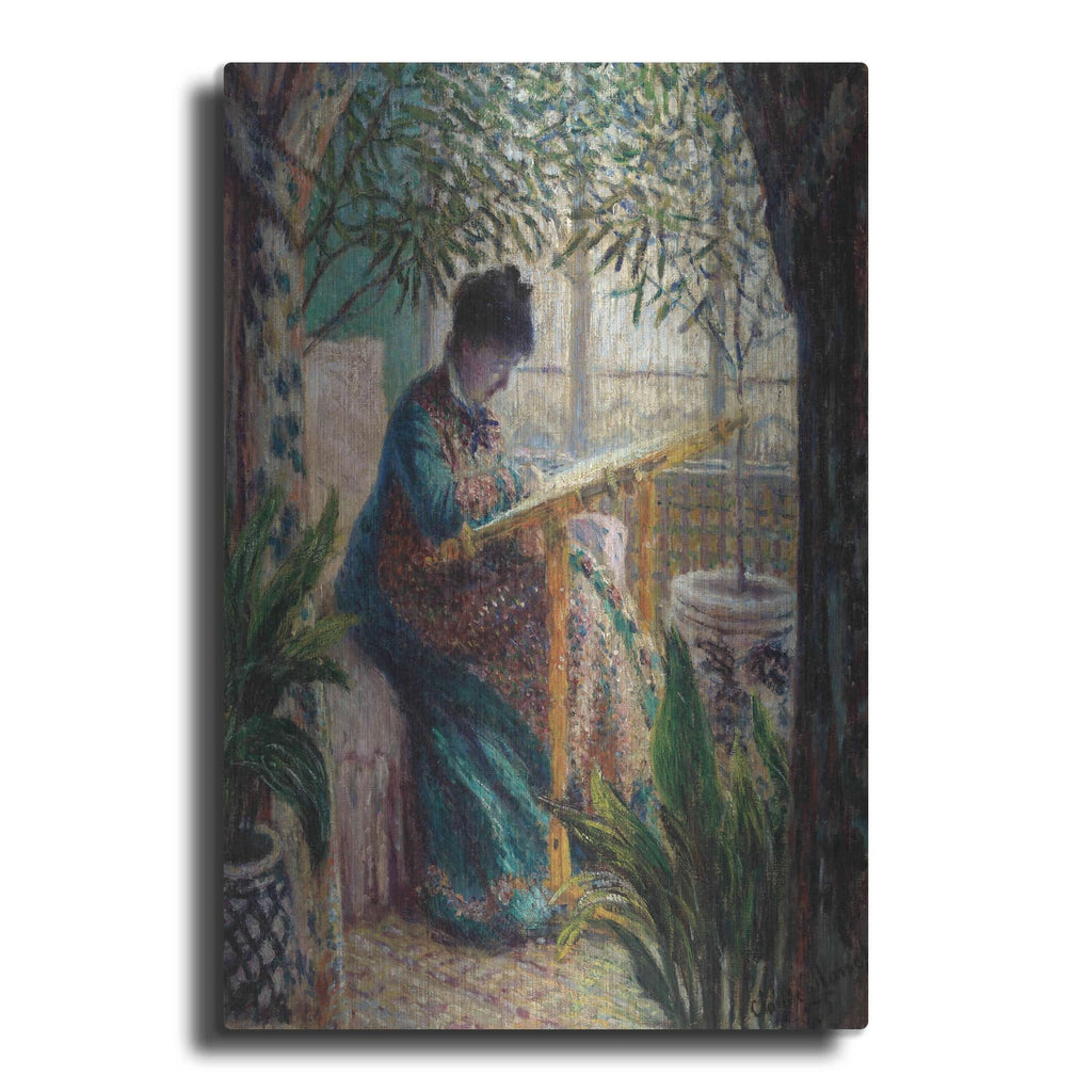 'Madame Monet Embroidering' by Claude Monet – Metal Wall Art