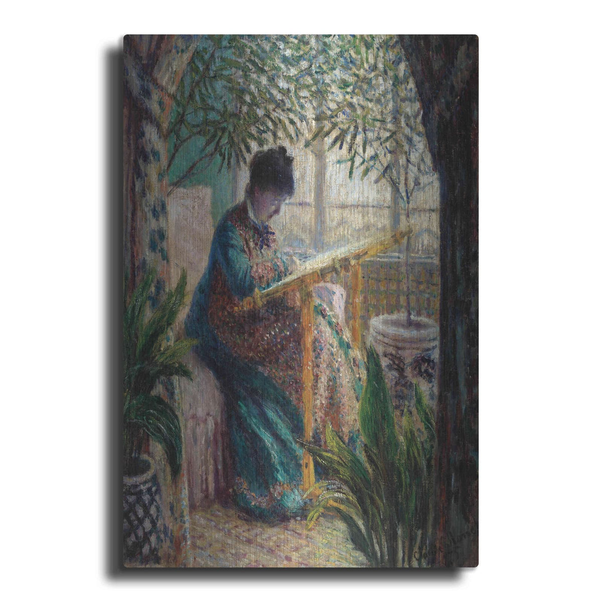 'Madame Monet Embroidering' by Claude Monet – Metal Wall Art