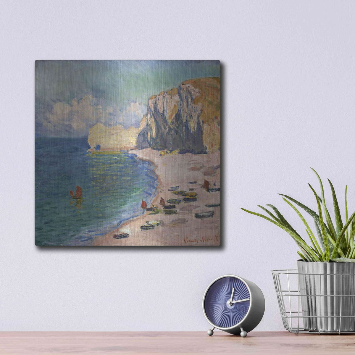 'Etretat, The Beach And The Falaise D Amont' by Claude Monet – Metal Wall Art, 12x12 room view