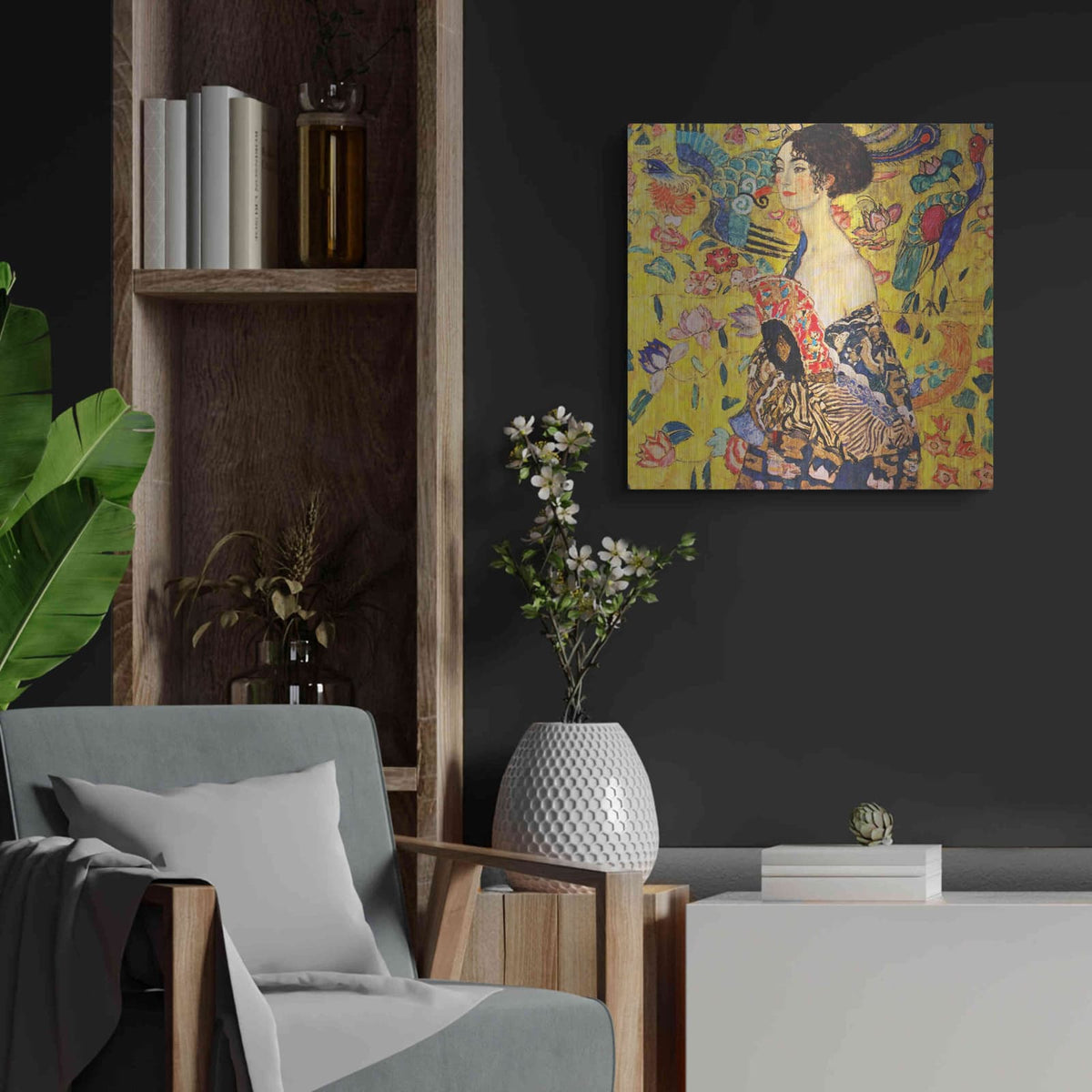 'Woman with Fan' by Gustav Klimt – Metal Wall Art, 24x24 room view