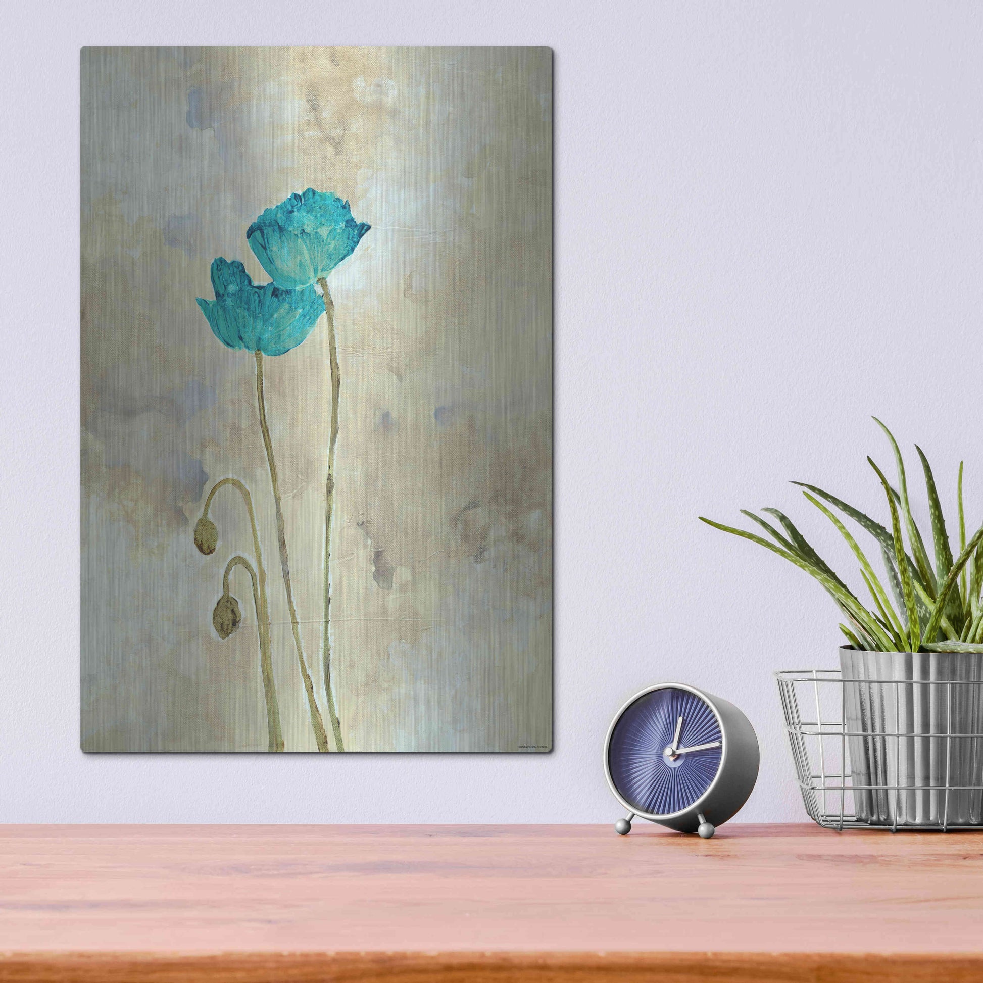 Luxe Metal Art 'Tealqoise Flowers 1' by Jadei Graphics, Metal Wall Art,12x16