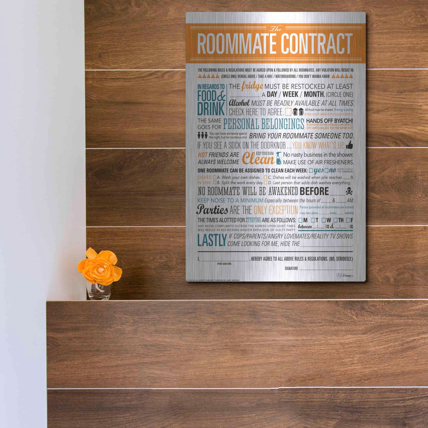 Luxe Metal Art 'Roommate Contract' by JJ Brando, Metal Wall Art,12x16