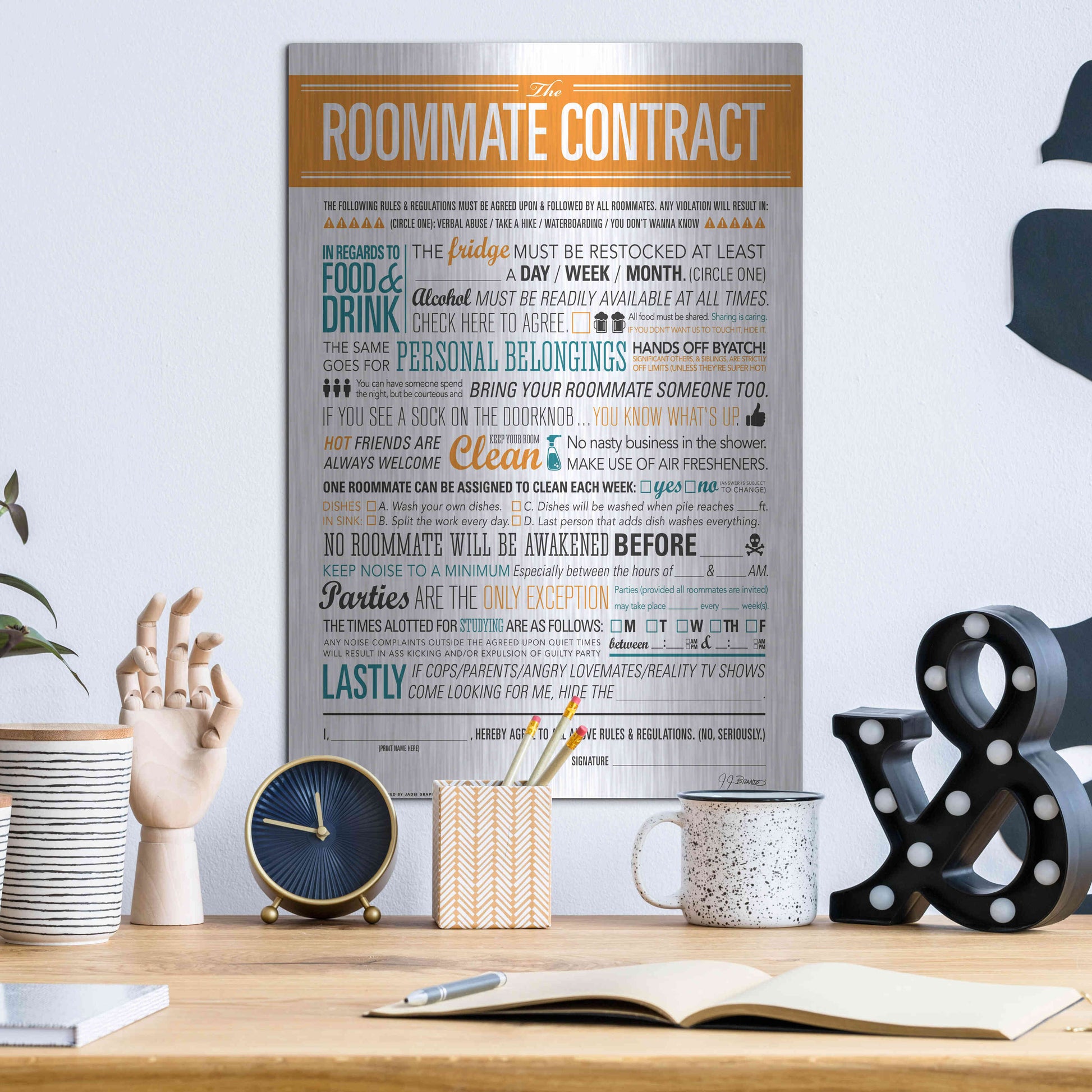 Luxe Metal Art 'Roommate Contract' by JJ Brando, Metal Wall Art,12x16
