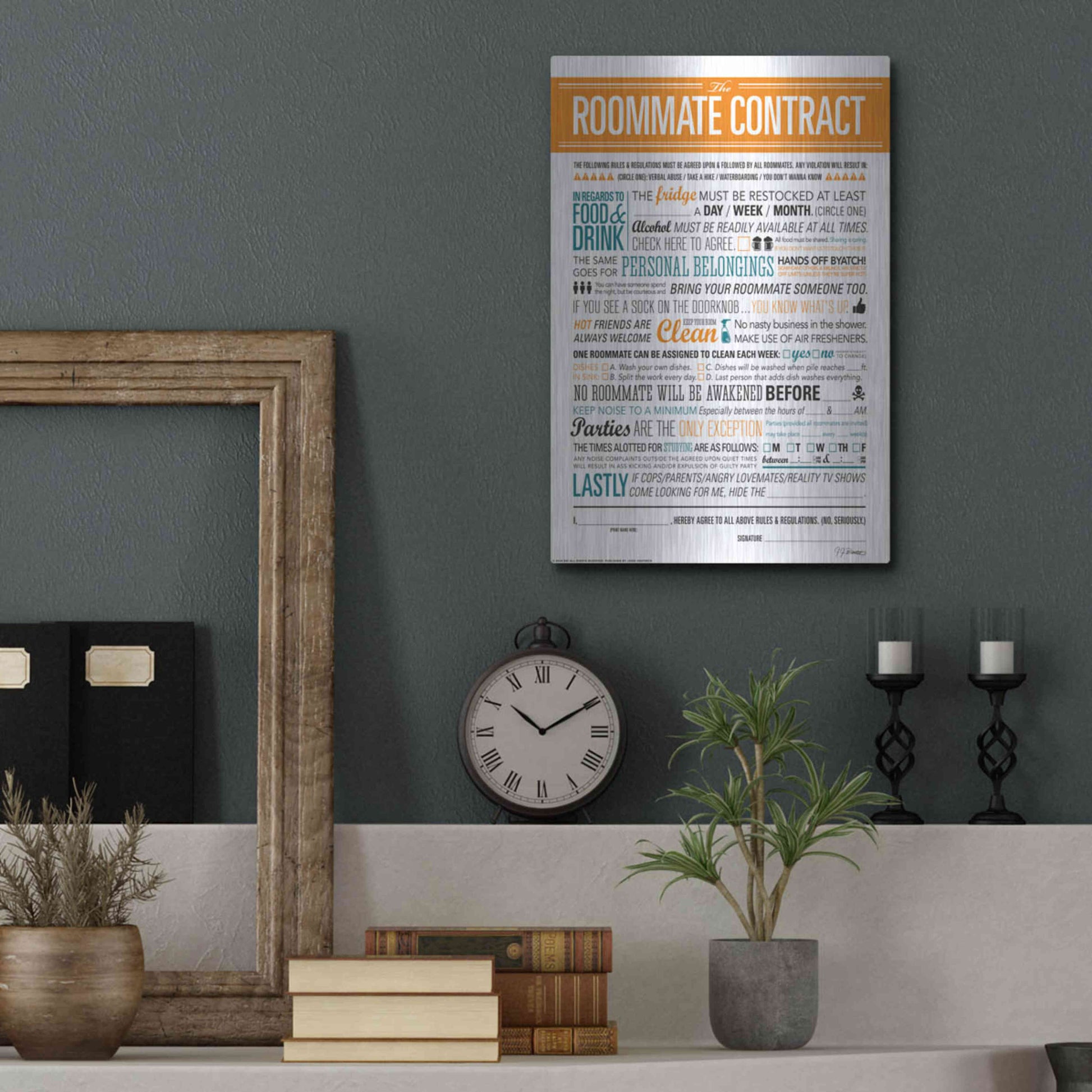 Luxe Metal Art 'Roommate Contract' by JJ Brando, Metal Wall Art,12x16