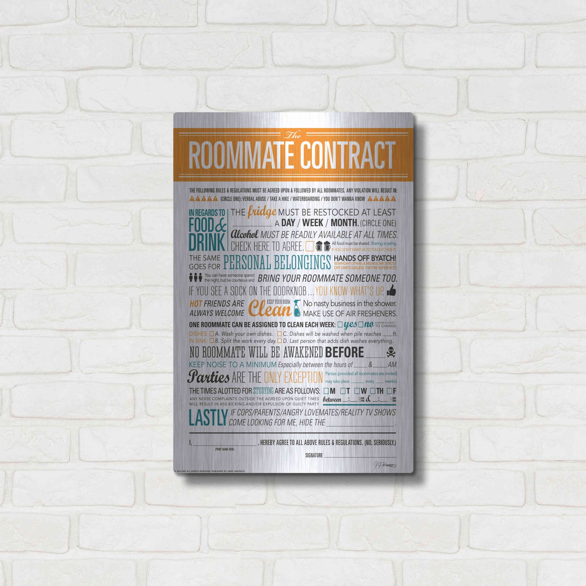 Luxe Metal Art 'Roommate Contract' by JJ Brando, Metal Wall Art,16x24