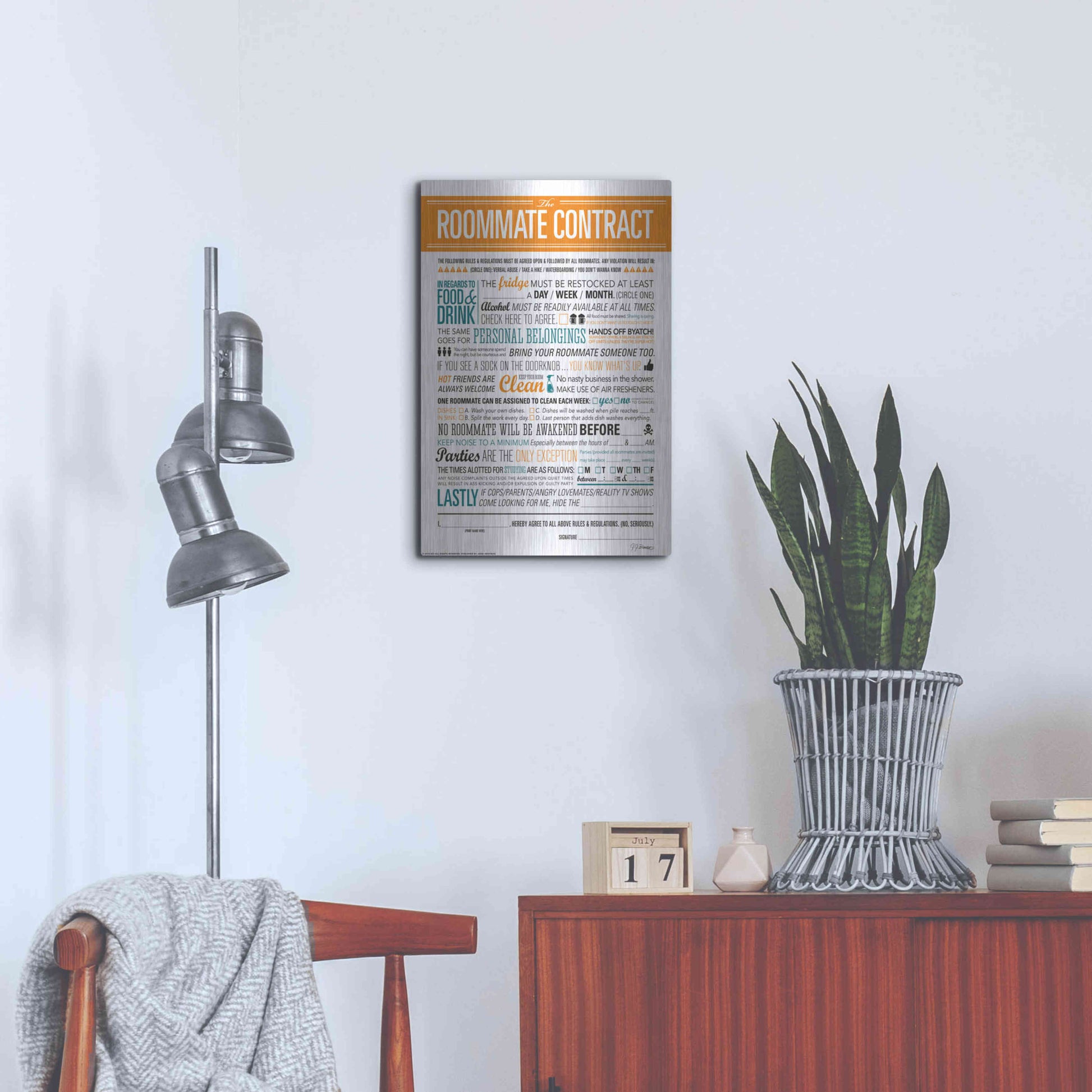 Luxe Metal Art 'Roommate Contract' by JJ Brando, Metal Wall Art,16x24