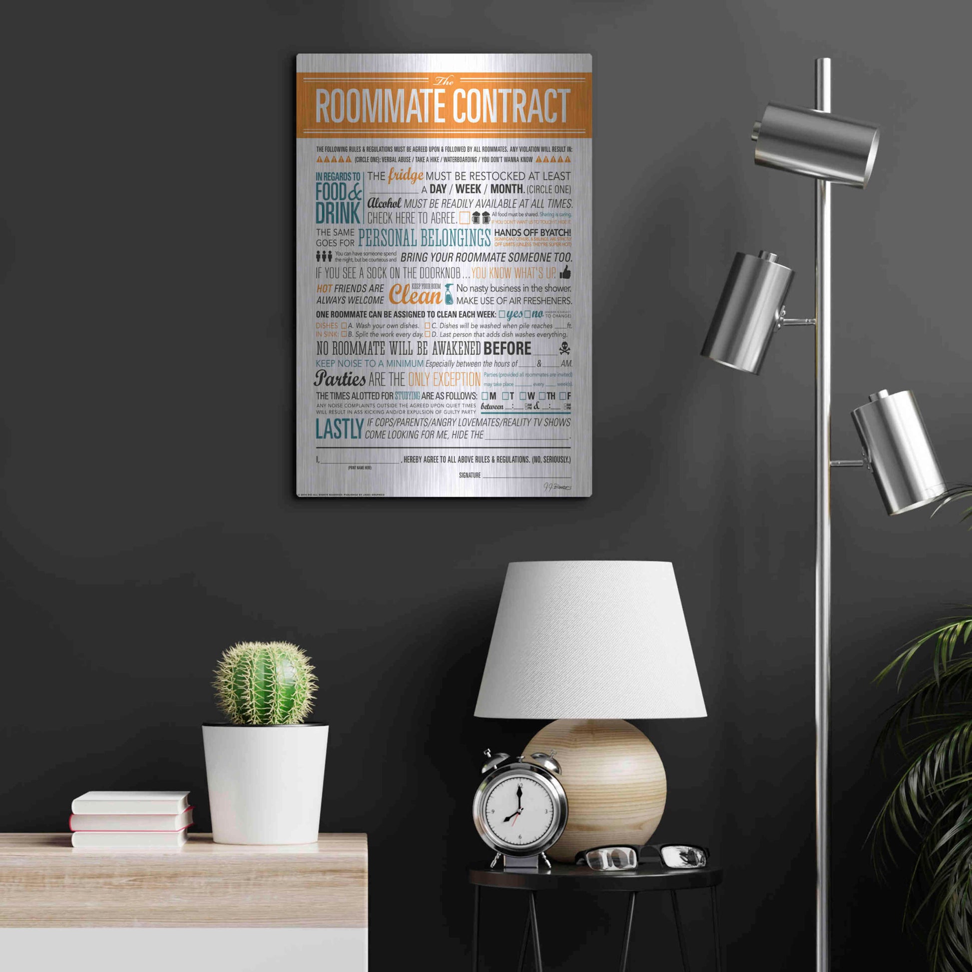 Luxe Metal Art 'Roommate Contract' by JJ Brando, Metal Wall Art,16x24