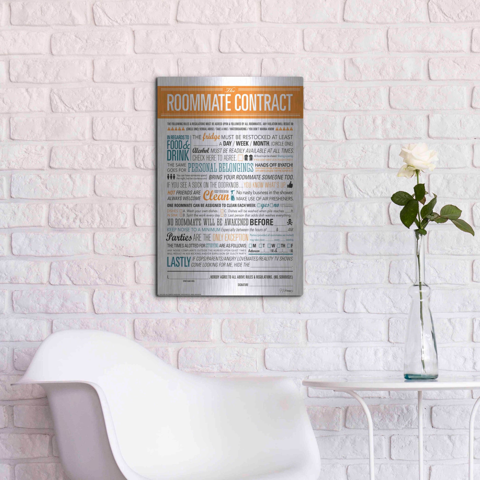 Luxe Metal Art 'Roommate Contract' by JJ Brando, Metal Wall Art,16x24