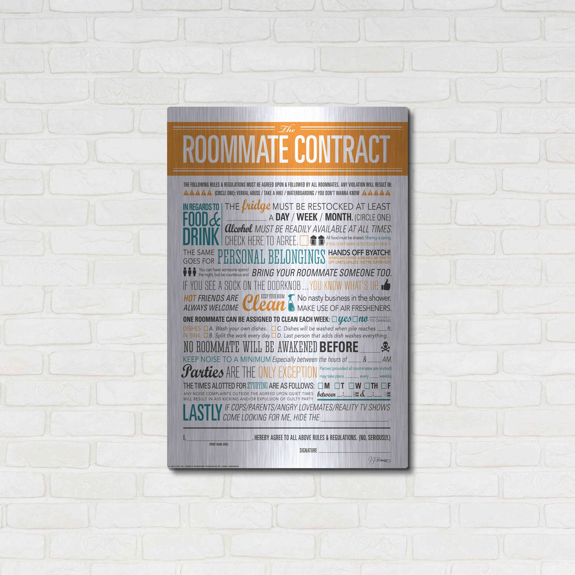 Luxe Metal Art 'Roommate Contract' by JJ Brando, Metal Wall Art,24x36