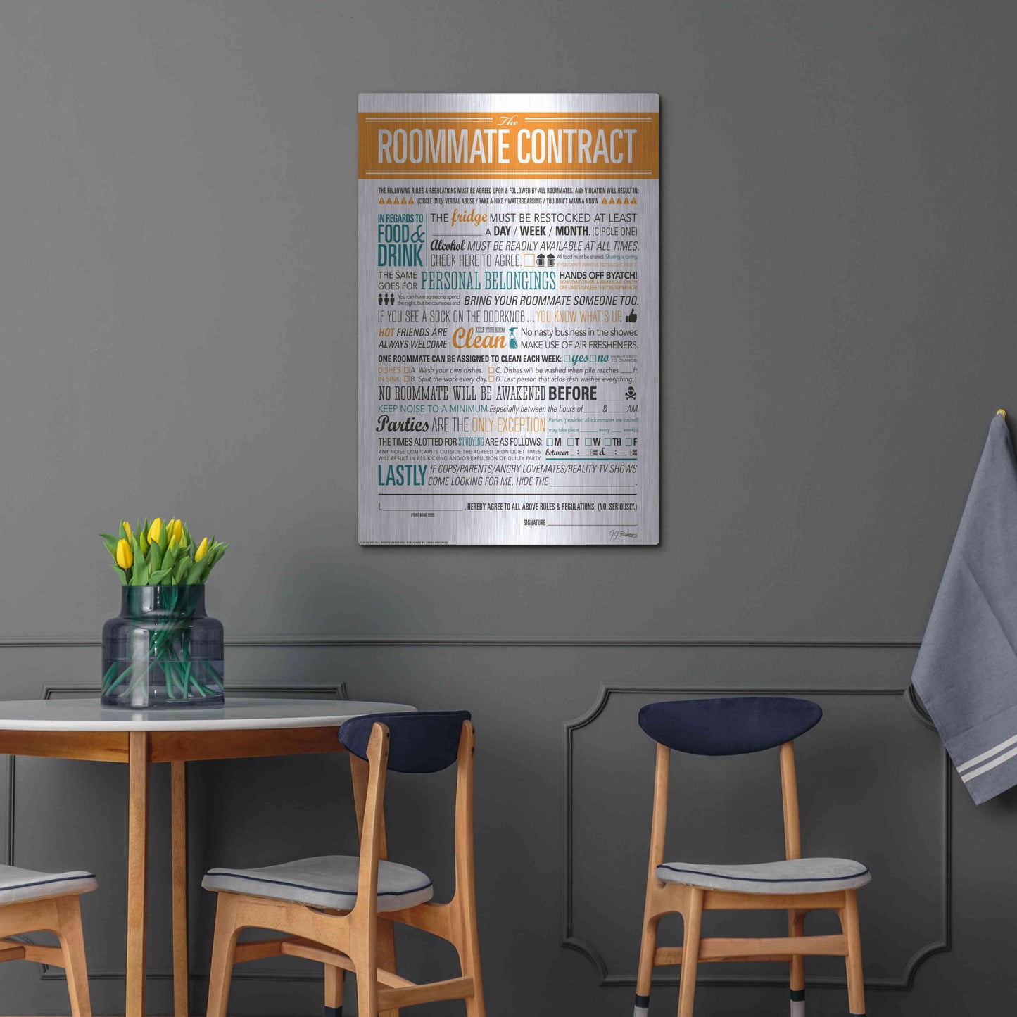 Luxe Metal Art 'Roommate Contract' by JJ Brando, Metal Wall Art,24x36