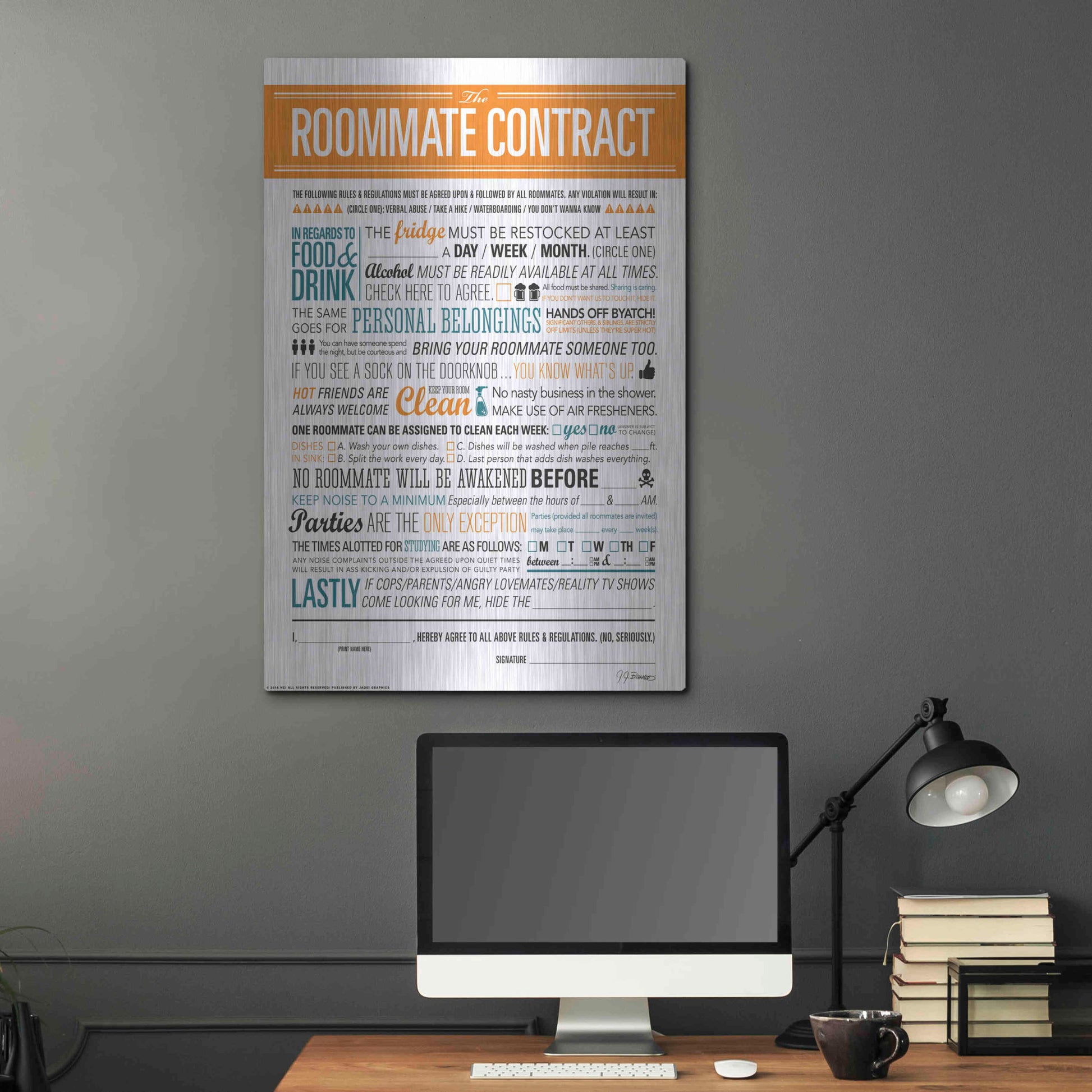 Luxe Metal Art 'Roommate Contract' by JJ Brando, Metal Wall Art,24x36
