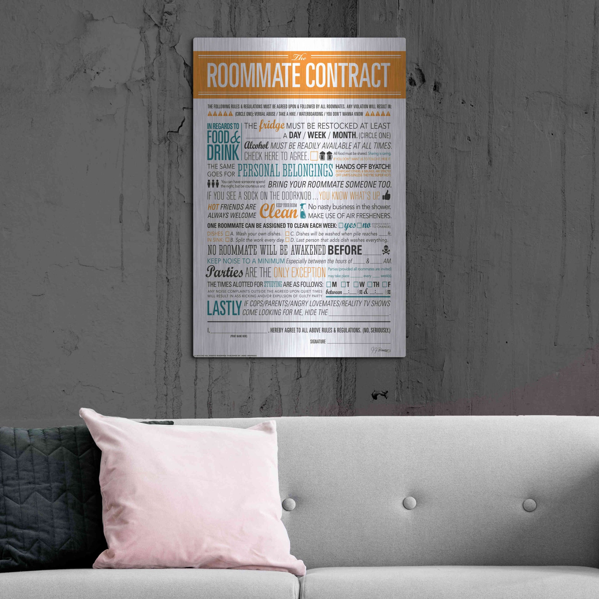 Luxe Metal Art 'Roommate Contract' by JJ Brando, Metal Wall Art,24x36