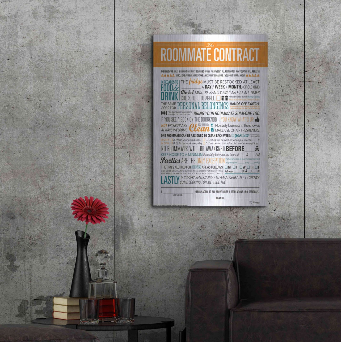 Luxe Metal Art 'Roommate Contract' by JJ Brando, Metal Wall Art,24x36