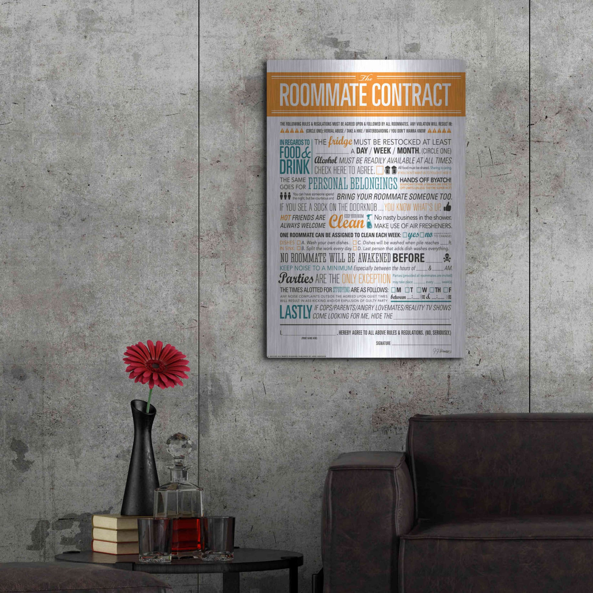 Luxe Metal Art 'Roommate Contract' by JJ Brando, Metal Wall Art,24x36