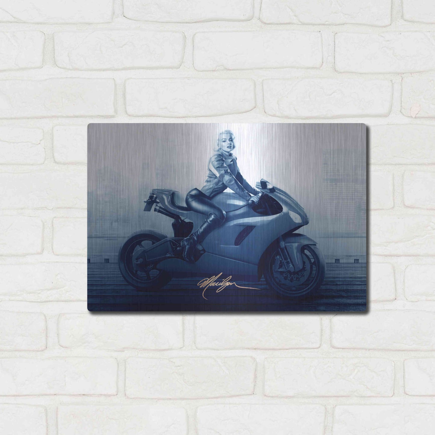Luxe Metal Art 'Marilyn's Ride In Blue' by JJ Brando, Metal Wall Art,16x12