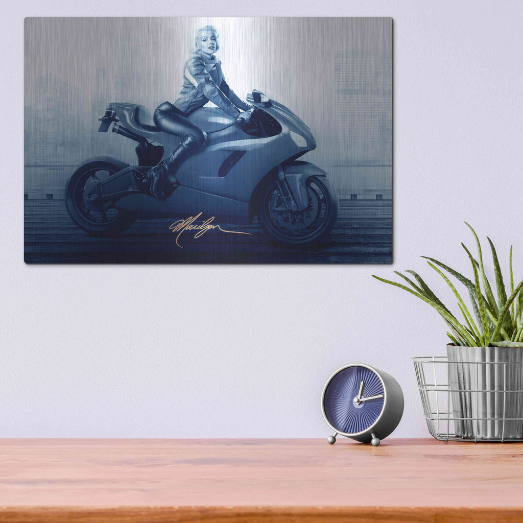 Luxe Metal Art 'Marilyn's Ride In Blue' by JJ Brando, Metal Wall Art,16x12