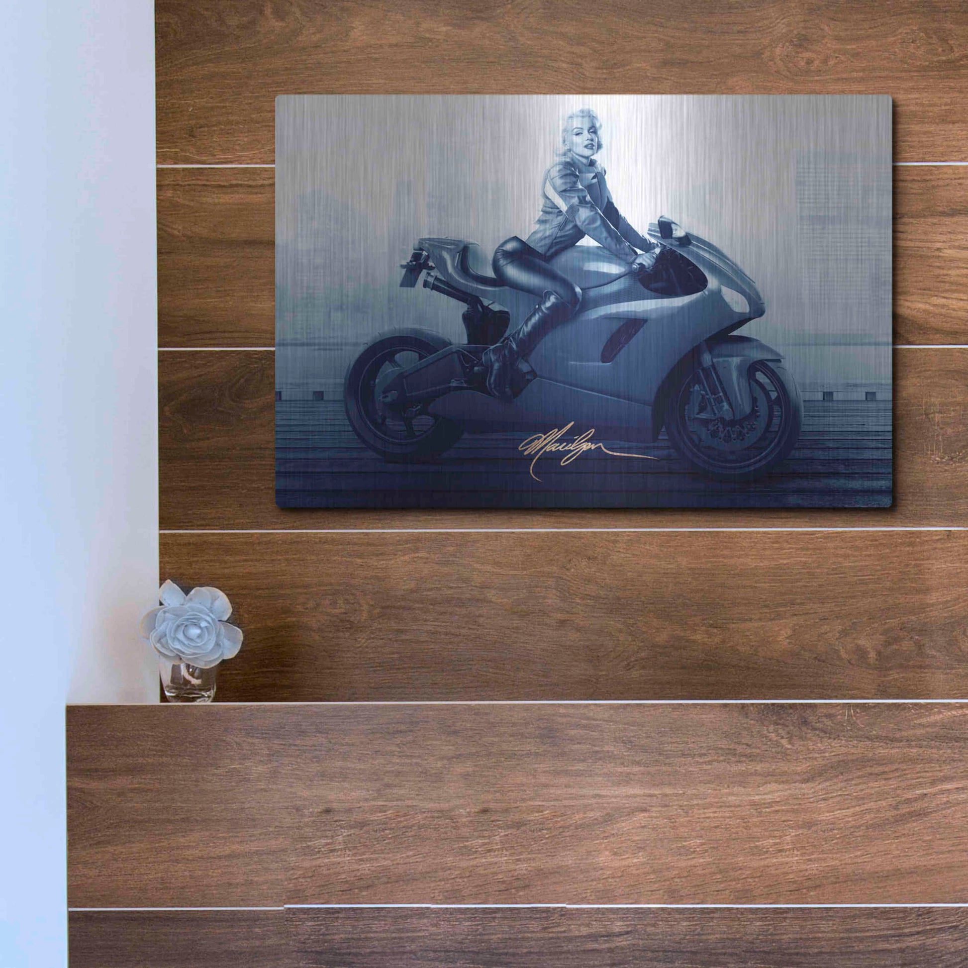 Luxe Metal Art 'Marilyn's Ride In Blue' by JJ Brando, Metal Wall Art,16x12