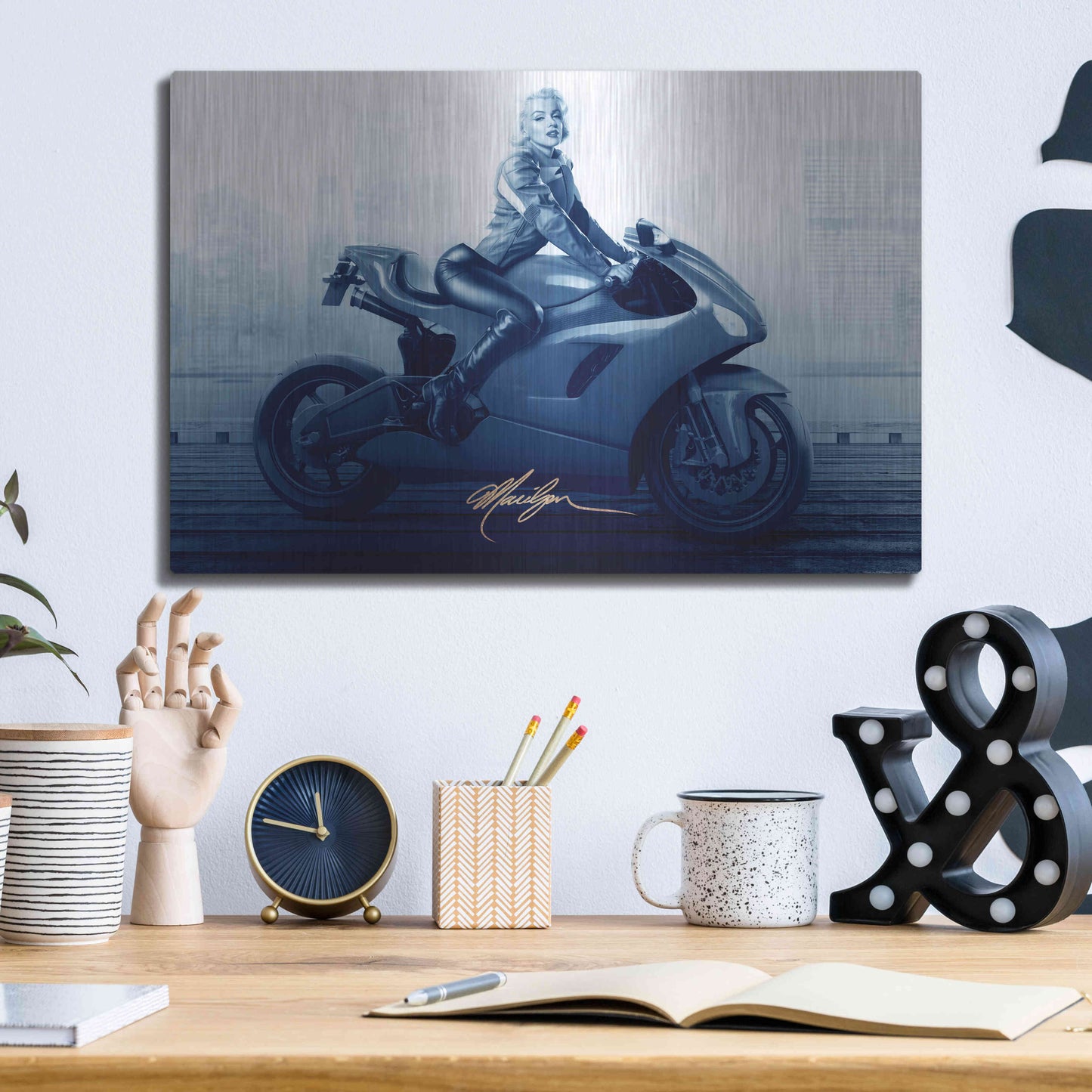 Luxe Metal Art 'Marilyn's Ride In Blue' by JJ Brando, Metal Wall Art,16x12