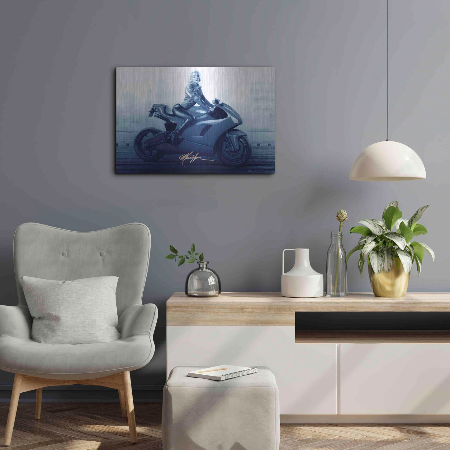 Luxe Metal Art 'Marilyn's Ride In Blue' by JJ Brando, Metal Wall Art,24x16
