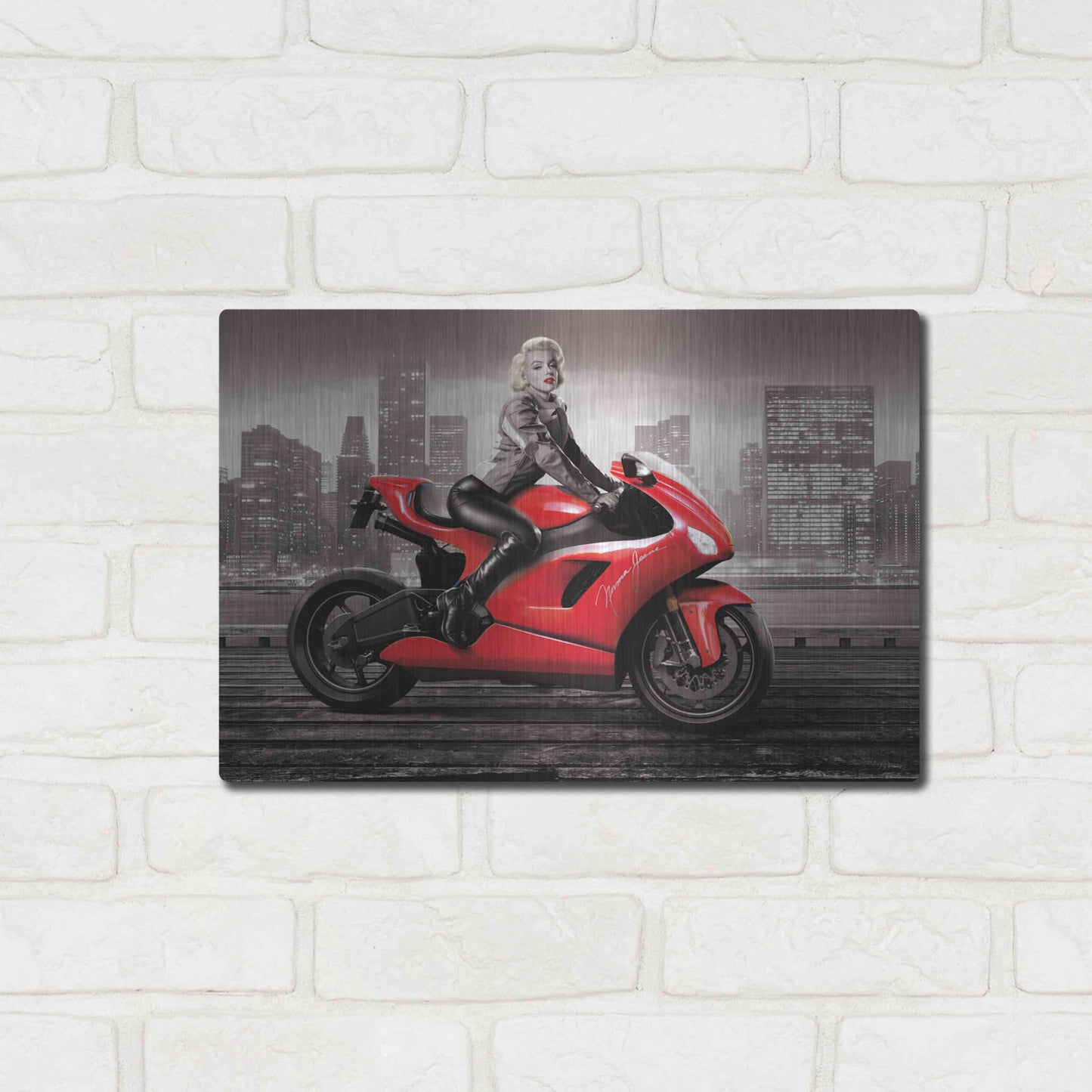 Luxe Metal Art 'Marilyn's Ride BW' by JJ Brando, Metal Wall Art,16x12