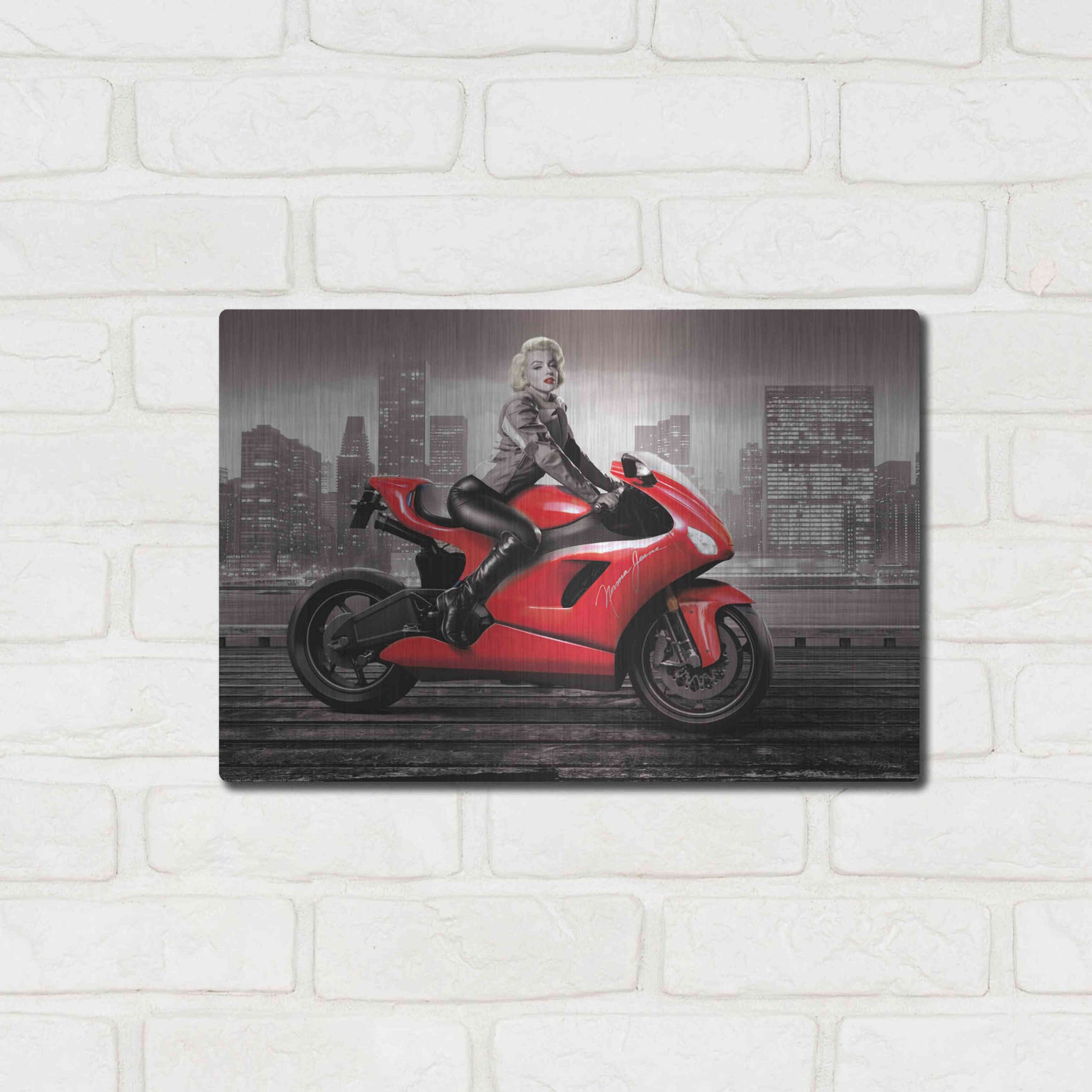 Luxe Metal Art 'Marilyn's Ride BW' by JJ Brando, Metal Wall Art,16x12