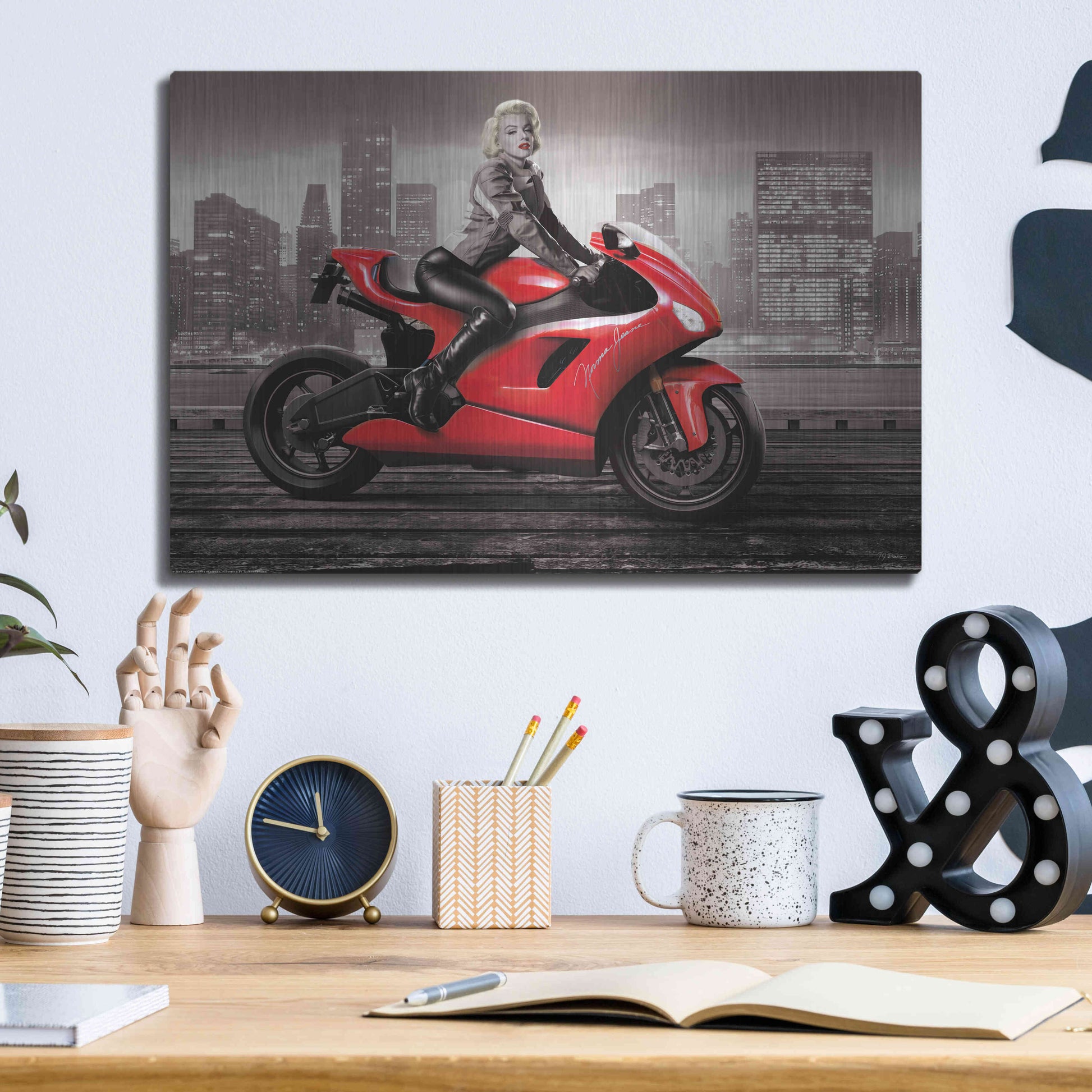 Luxe Metal Art 'Marilyn's Ride BW' by JJ Brando, Metal Wall Art,16x12