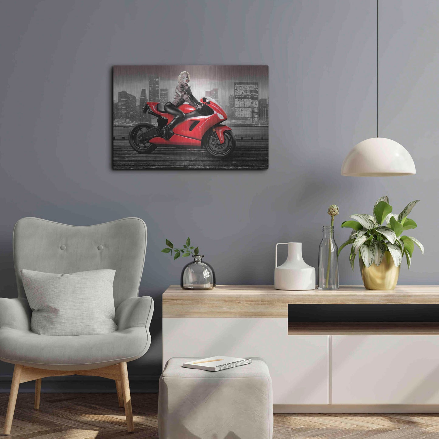 Luxe Metal Art 'Marilyn's Ride BW' by JJ Brando, Metal Wall Art,24x16