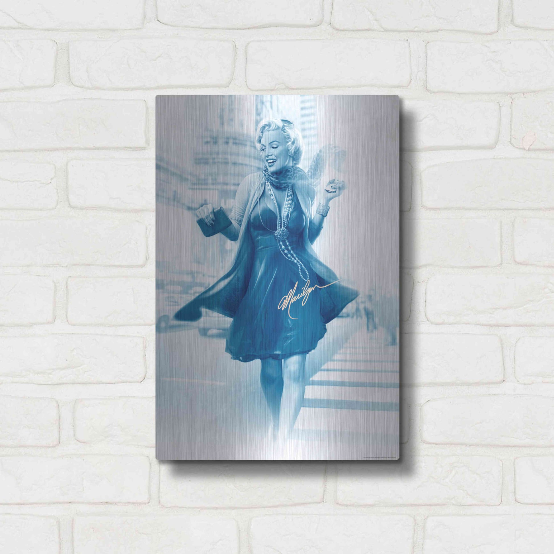 Luxe Metal Art 'Marilyn In The City Blue' by JJ Brando, Metal Wall Art,12x16