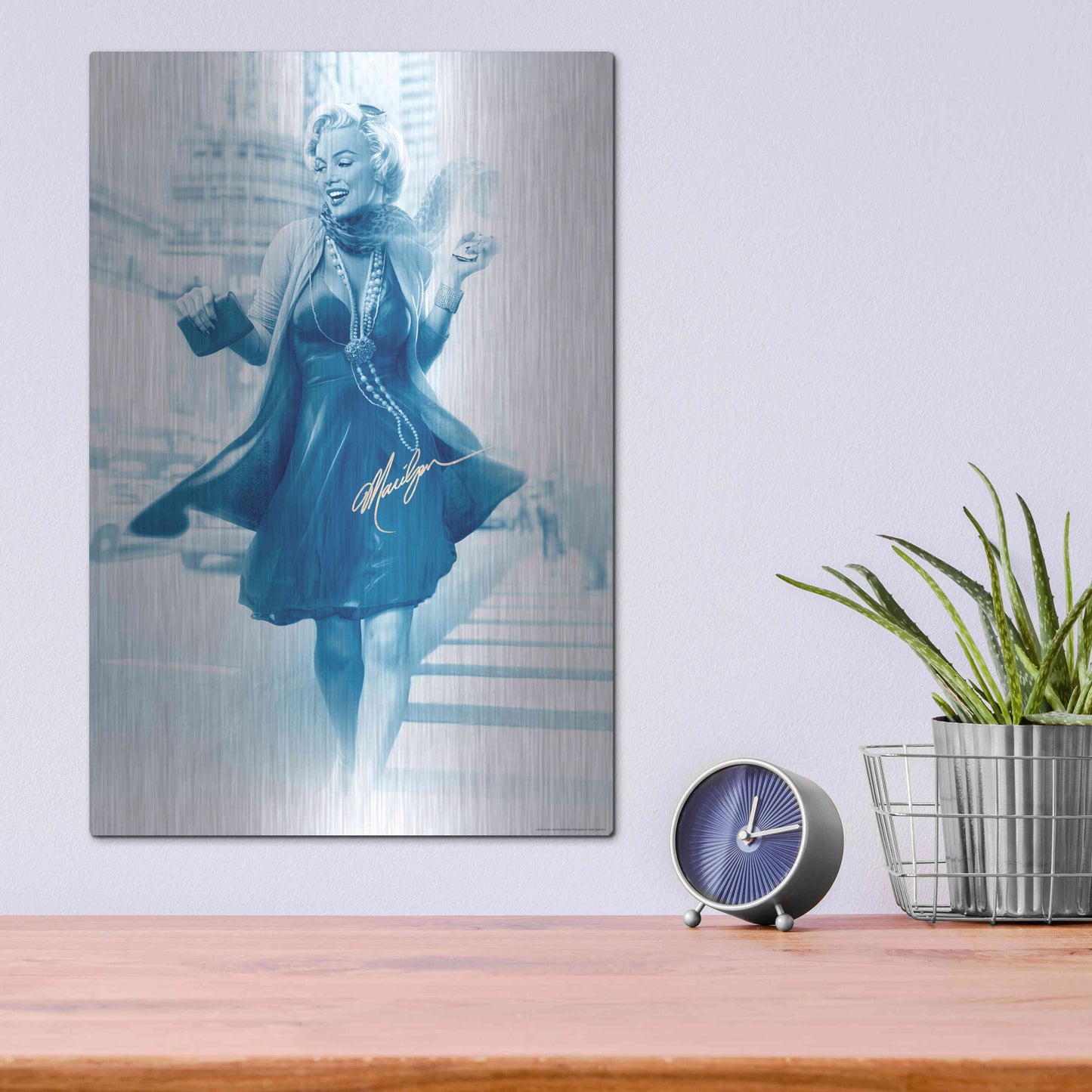 Luxe Metal Art 'Marilyn In The City Blue' by JJ Brando, Metal Wall Art,12x16