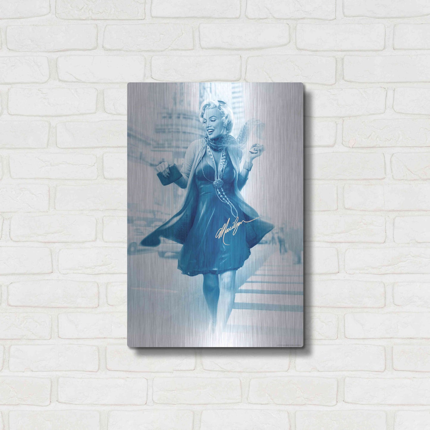 Luxe Metal Art 'Marilyn In The City Blue' by JJ Brando, Metal Wall Art,16x24